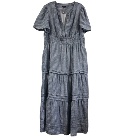 Quince European Linen Tiered Maxi Dress Chambray Stripe Size XL - Picture 2 of 12